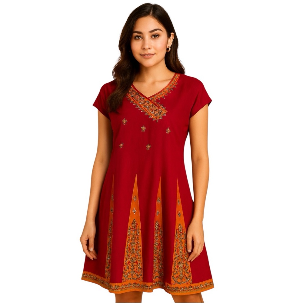 Embroidered‎ Burgundy Kurti Midi Dress Cap Sleeves Floral Detail Size M - L